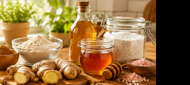 Natural wellness ingredients in a warm kitchen setting